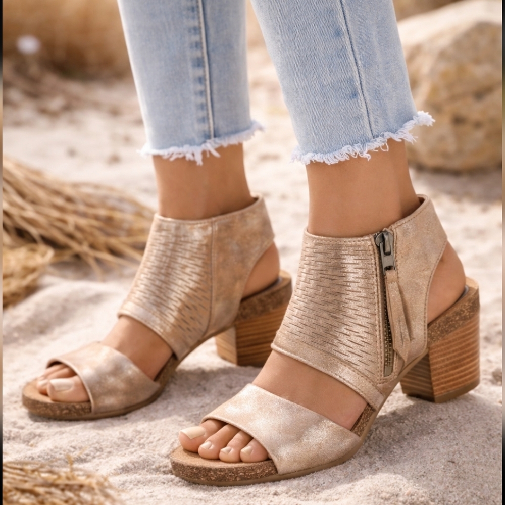 Sofft NEW Milan Desert Boho Gold Shimmer Stacked Block Heel Sandals 8M